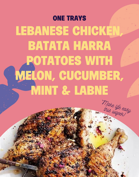 ONE TRAY LEBANESE CHICKEN BATATA HARRA POTATOES WITH MELON CUCUMBER MINT & LABNE - SERVES 2