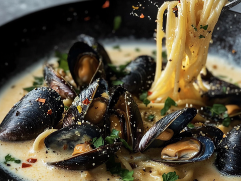 Mussels & Linguine in Creamy White Wine Sauce