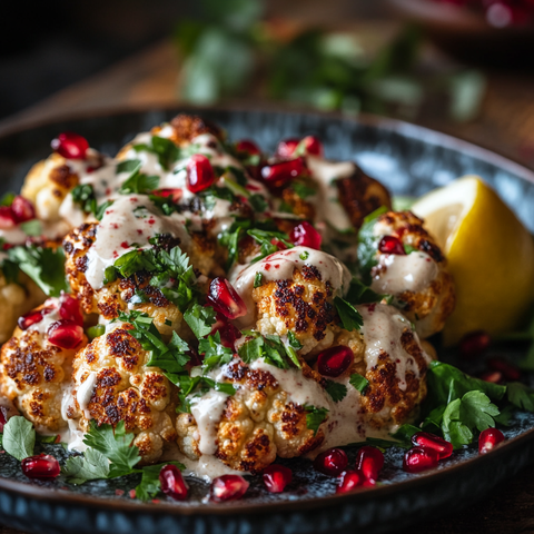 Roasted Cauli Blossom with Tahini Pomegranate, Parsley, Lemon.
