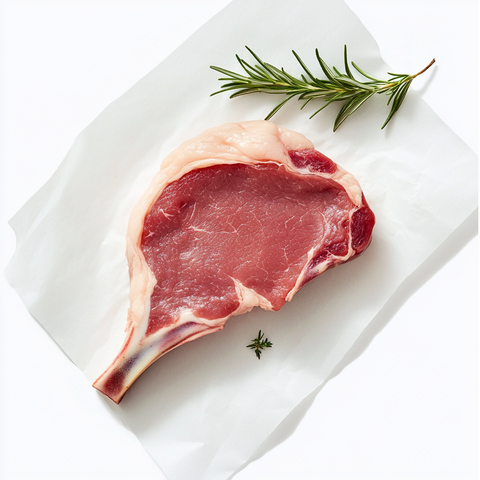 A single bone-in pastured pork cutlet on a white paper, garnished with a sprig of rosemary on the side.