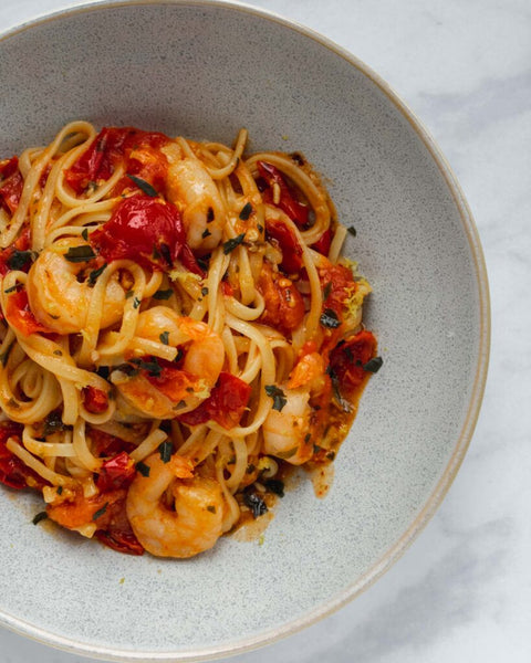 Prawns Linguine with Confit Truss Tomatoes