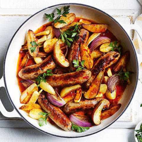 Greek Pork Sausages with Lemon Potatoes and Summer Salad